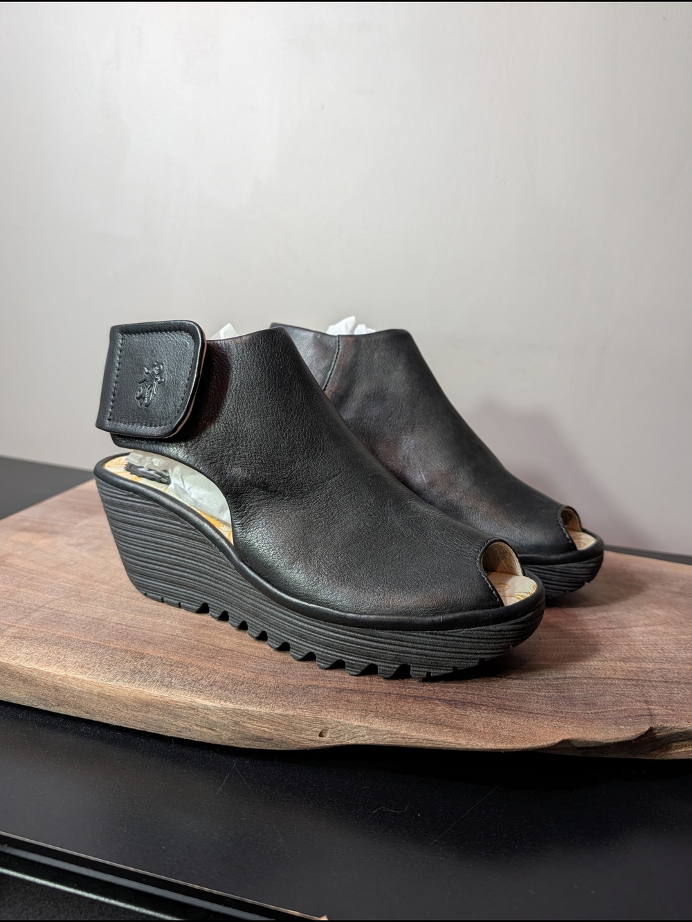 Fly London Black Leather Peep-Toe Wedge Sandals